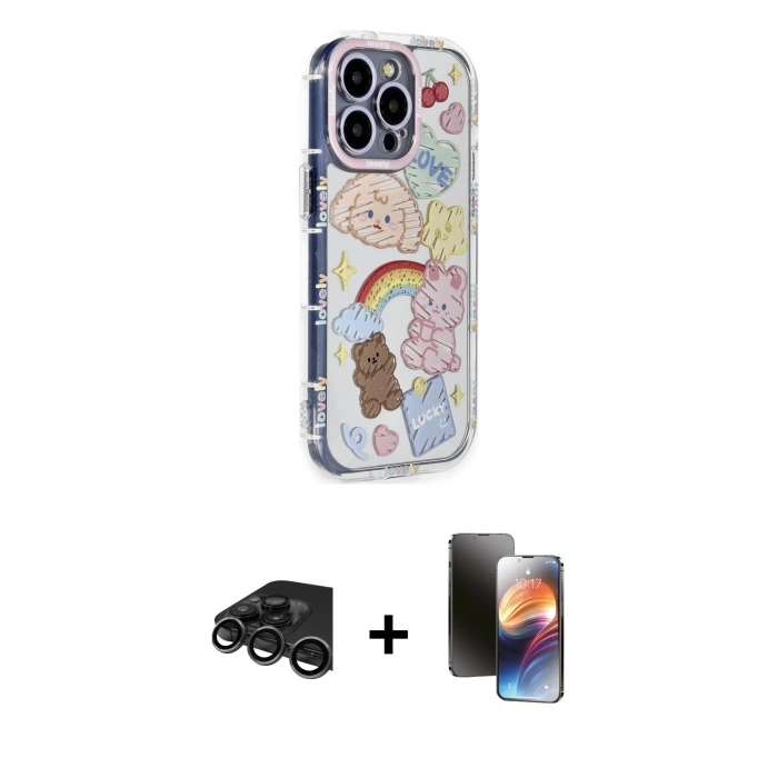 MARSİLYAN™- iPhone 15 Pro Max Kılıf Ahenk Modern Serisi - Siyah 3D Antistatik Mat Seramik Nano Ekran Koruyucu + Titanyum Gri Raze Metal Kamera Lens