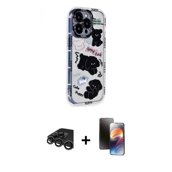 MARSİLYAN™- iPhone 15 Pro Max Kılıf Ahenk Modern Serisi - Siyah 3D Antistatik Mat Seramik Nano Ekran Koruyucu + Titanyum Gri Raze Metal Kamera Lens
