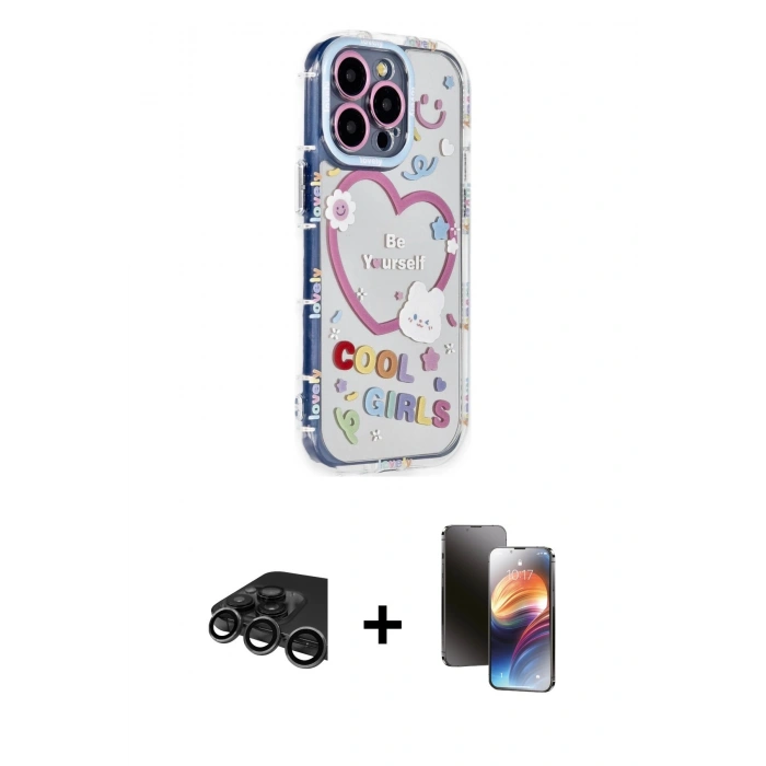 MARSİLYAN™- iPhone 15 Pro Max Kılıf Ahenk Modern Serisi - Siyah 3D Antistatik Mat Seramik Nano Ekran Koruyucu + Titanyum Gri Raze Metal Kamera Lens