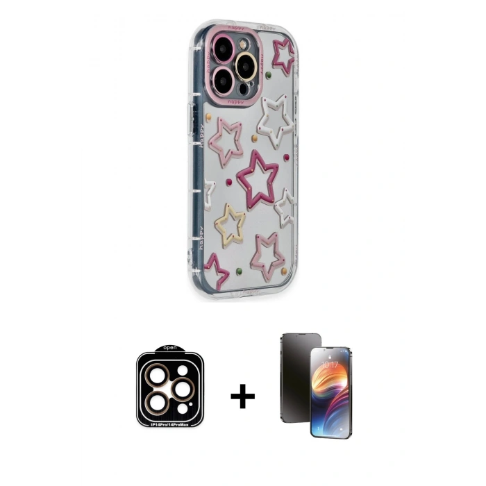MARSİLYAN™- iPhone 15 Pro Max Kılıf Ahenk Modern Serisi - Siyah 3D Antistatik Mat Seramik Nano Ekran Koruyucu + PVD Metal Kamera Lens - TU