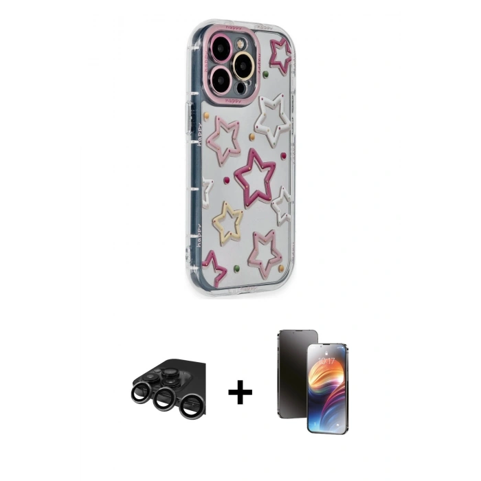 MARSİLYAN™- iPhone 15 Pro Max Kılıf Ahenk Modern Serisi - Siyah 3D Antistatik Mat Seramik Nano Ekran Koruyucu + Titanyum Gri Raze Metal Kamera Lens