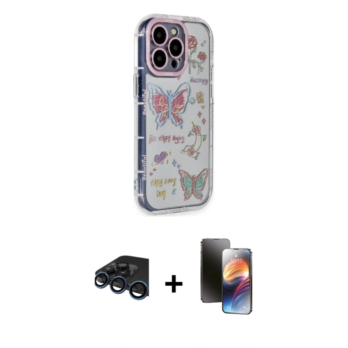 MARSİLYAN™- iPhone 15 Pro Max Kılıf Ahenk Modern Serisi - Siyah 3D Antistatik Mat Seramik Nano Ekran Koruyucu + Raze Metal Kamera Lens - LT
