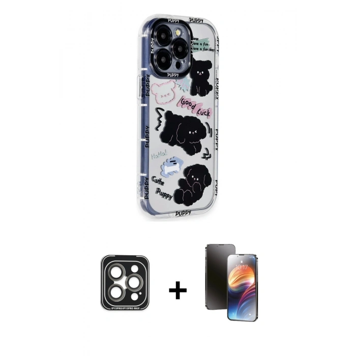 MARSİLYAN™- iPhone 15 Pro Max Kılıf Ahenk Modern Serisi - Siyah 3D Antistatik Mat Seramik Nano Ekran Koruyucu + Gri PVD Metal Kamera Lens