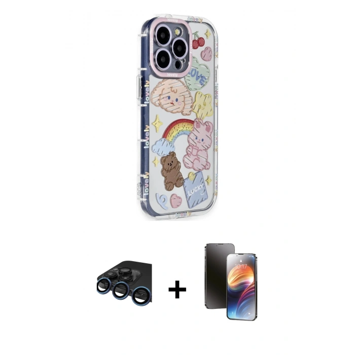 MARSİLYAN™- iPhone 15 Pro Max Kılıf Ahenk Modern Serisi - Siyah 3D Antistatik Mat Seramik Nano Ekran Koruyucu + Raze Metal Kamera Lens - LT