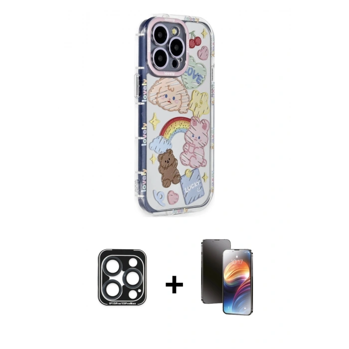 MARSİLYAN™- iPhone 15 Pro Max Kılıf Ahenk Modern Serisi - Siyah 3D Antistatik Mat Seramik Nano Ekran Koruyucu + PVD Metal Kamera Lens - LT