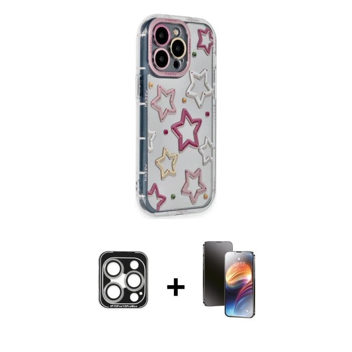MARSİLYAN™- iPhone 15 Pro Max Kılıf Ahenk Modern Serisi - Siyah 3D Antistatik Mat Seramik Nano Ekran Koruyucu + PVD Metal Kamera Lens - GS