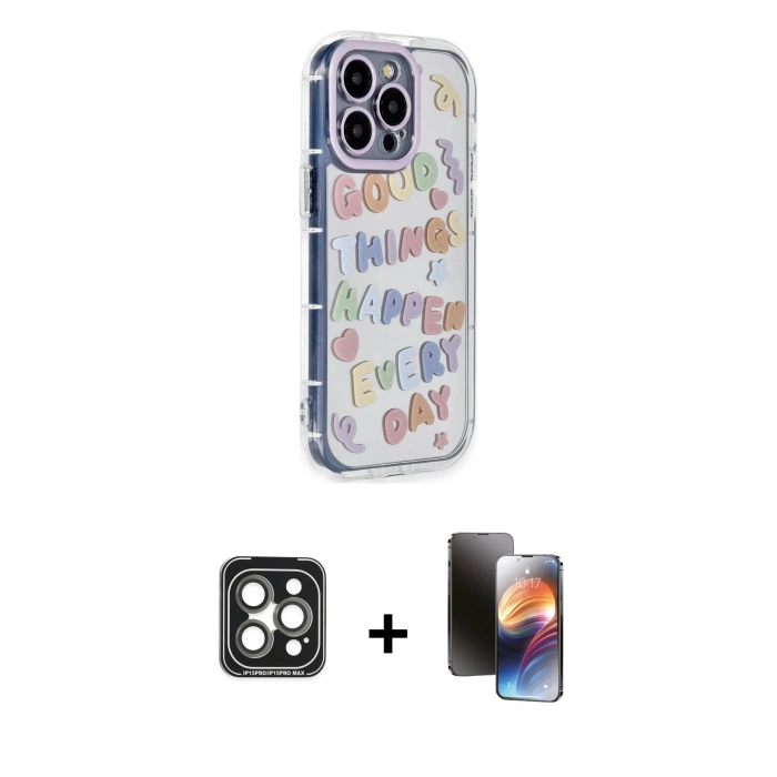 MARSİLYAN™- iPhone 15 Pro Max Kılıf Ahenk Modern Serisi - Siyah 3D Antistatik Mat Seramik Nano Ekran Koruyucu + Gri PVD Metal Kamera Lens