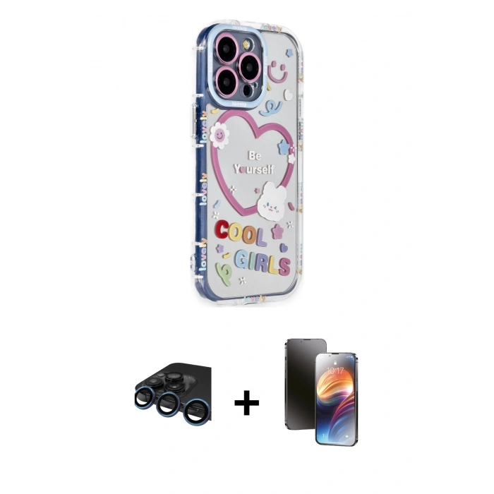 MARSİLYAN™- iPhone 15 Pro Max Kılıf Ahenk Modern Serisi - Siyah 3D Antistatik Mat Seramik Nano Ekran Koruyucu + Raze Metal Kamera Lens - LT