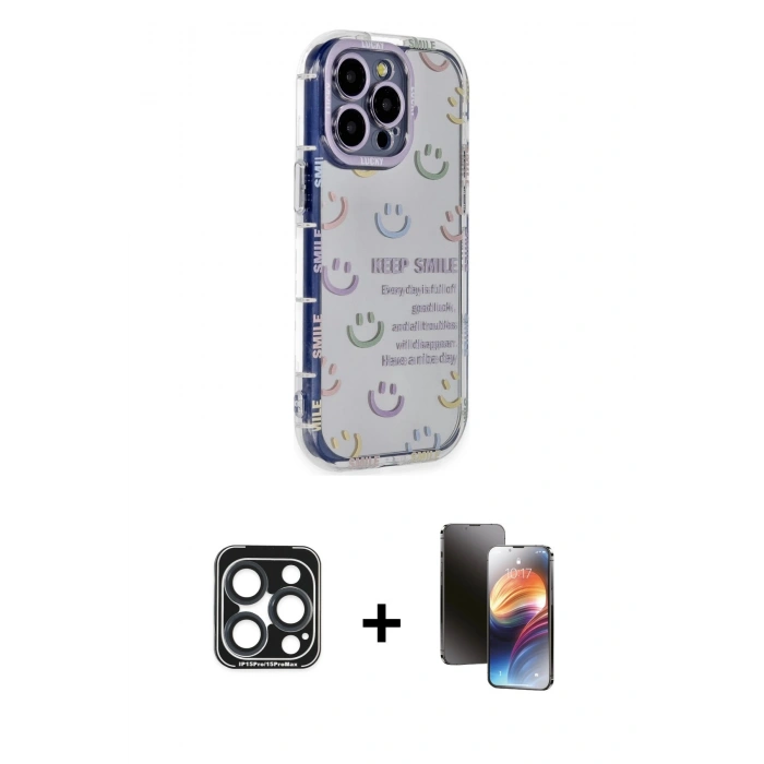 MARSİLYAN™- iPhone 15 Pro Max Kılıf Ahenk Modern Serisi - Siyah 3D Antistatik Mat Seramik Nano Ekran Koruyucu + PVD Metal Kamera Lens - LT