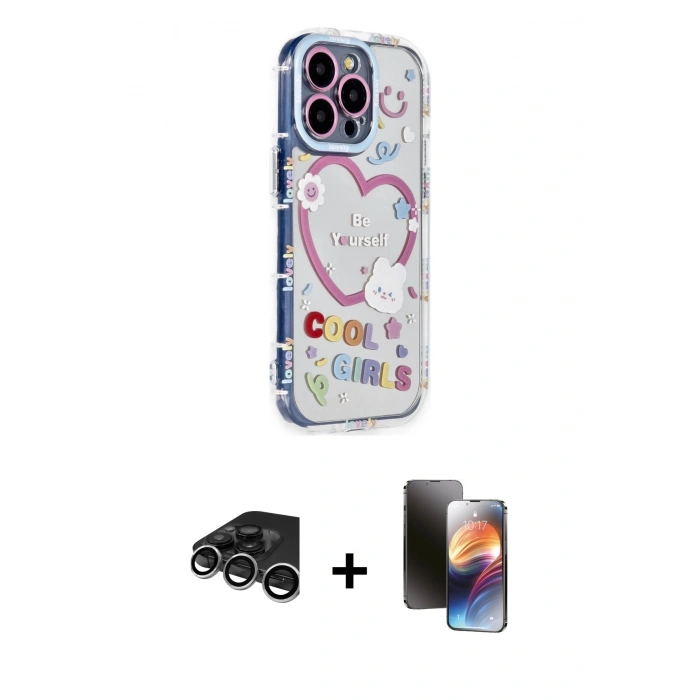 MARSİLYAN™- iPhone 15 Pro Max Kılıf Ahenk Modern Serisi - Siyah 3D Antistatik Mat Seramik Nano Ekran Koruyucu + Raze Metal Kamera Lens - GS