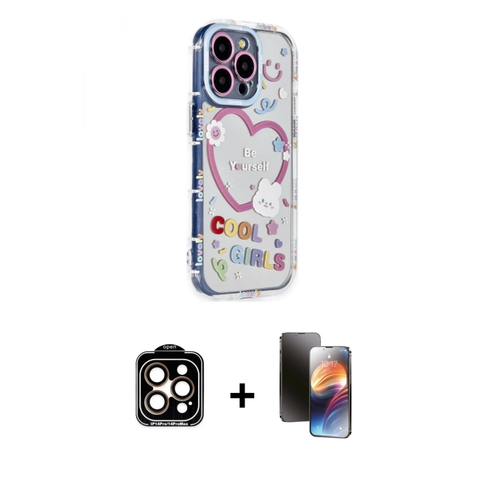 MARSİLYAN™- iPhone 15 Pro Max Kılıf Ahenk Modern Serisi - Siyah 3D Antistatik Mat Seramik Nano Ekran Koruyucu + PVD Metal Kamera Lens - TU