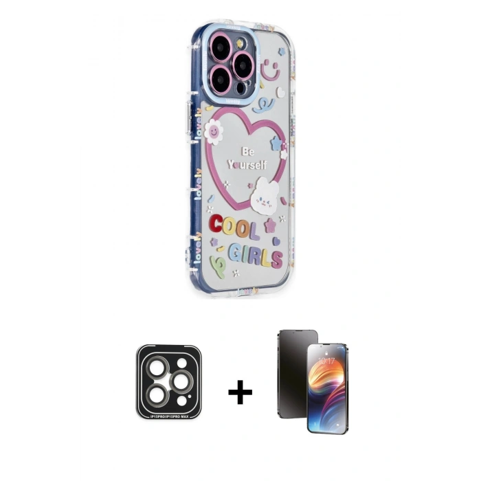 MARSİLYAN™- iPhone 15 Pro Max Kılıf Ahenk Modern Serisi - Siyah 3D Antistatik Mat Seramik Nano Ekran Koruyucu + Gri PVD Metal Kamera Lens