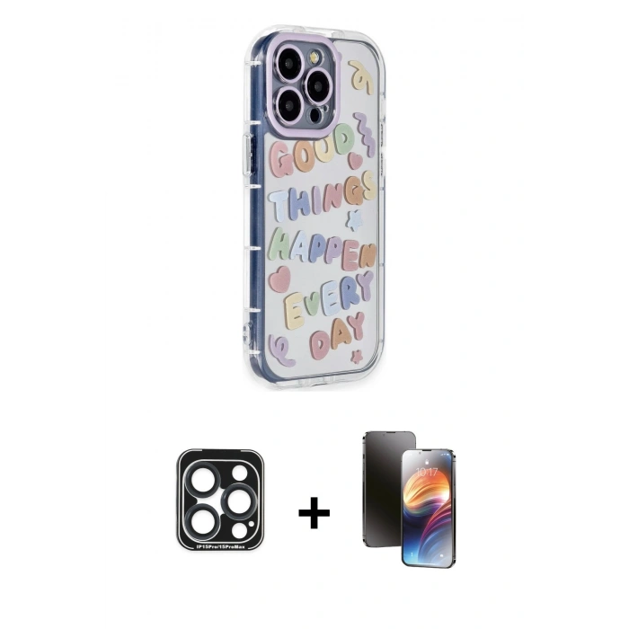 MARSİLYAN™- iPhone 15 Pro Max Kılıf Ahenk Modern Serisi - Siyah 3D Antistatik Mat Seramik Nano Ekran Koruyucu + PVD Metal Kamera Lens - LT