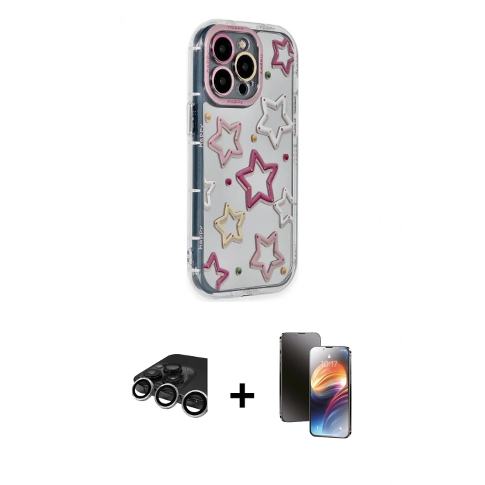 MARSİLYAN™- iPhone 15 Pro Max Kılıf Ahenk Modern Serisi - Siyah 3D Antistatik Mat Seramik Nano Ekran Koruyucu + Raze Metal Kamera Lens - GS