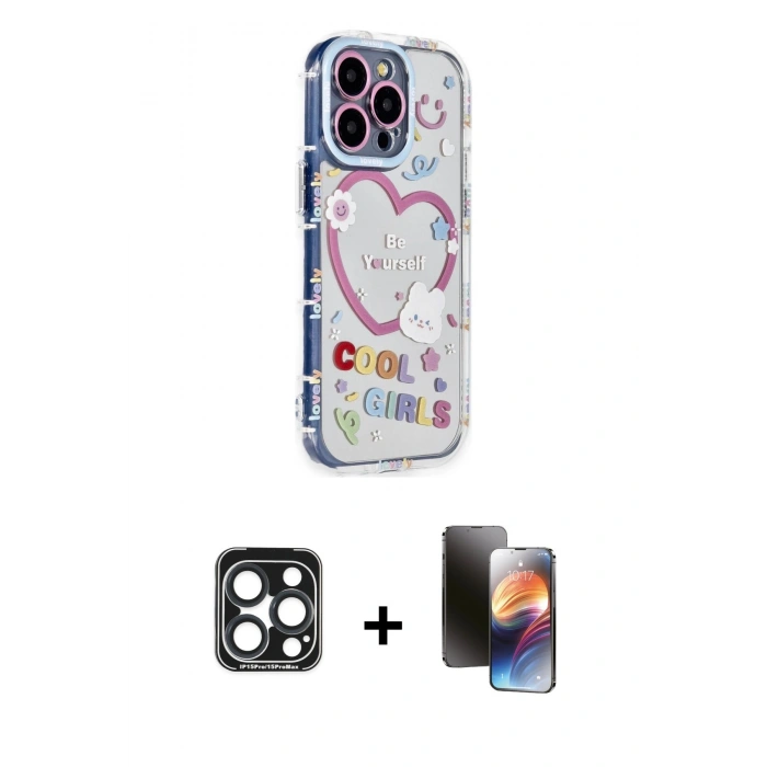 MARSİLYAN™- iPhone 15 Pro Max Kılıf Ahenk Modern Serisi - Siyah 3D Antistatik Mat Seramik Nano Ekran Koruyucu + PVD Metal Kamera Lens - LT