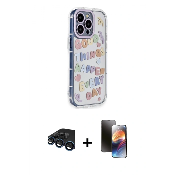 MARSİLYAN™- iPhone 15 Pro Max Kılıf Ahenk Modern Serisi - Siyah 3D Antistatik Mat Seramik Nano Ekran Koruyucu + Raze Metal Kamera Lens - LT