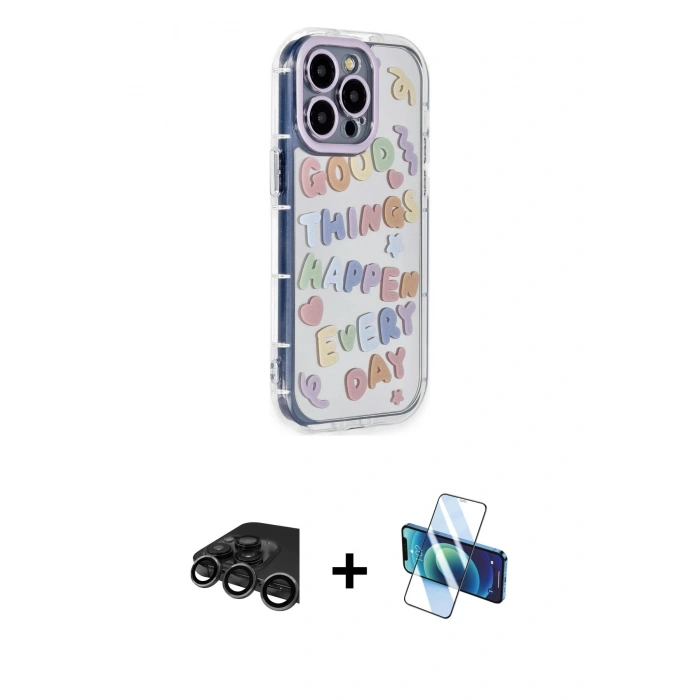 MARSİLYAN™- iPhone 15 Pro Max Kılıf Ahenk Modern Serisi - Siyah 3D Antistatik Seramik Nano Ekran Koruyucu + Raze Metal Kamera Lens - TMGI