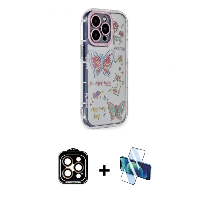 MARSİLYAN™- iPhone 15 Pro Max Kılıf Ahenk Modern Serisi - Siyah 3D Antistatik Seramik Nano Ekran Koruyucu + PVD Metal Kamera Lens - TU