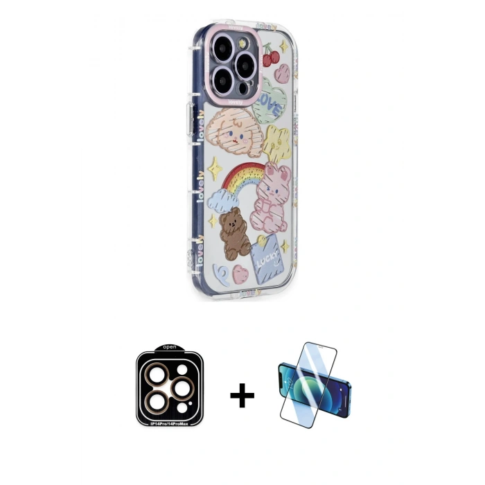 MARSİLYAN™- iPhone 15 Pro Max Kılıf Ahenk Modern Serisi - Siyah 3D Antistatik Seramik Nano Ekran Koruyucu + PVD Metal Kamera Lens - TU