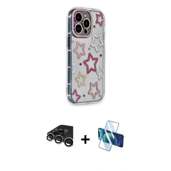 MARSİLYAN™- iPhone 15 Pro Max Kılıf Ahenk Modern Serisi - Siyah 3D Antistatik Seramik Nano Ekran Koruyucu + Raze Metal Kamera Lens - GS
