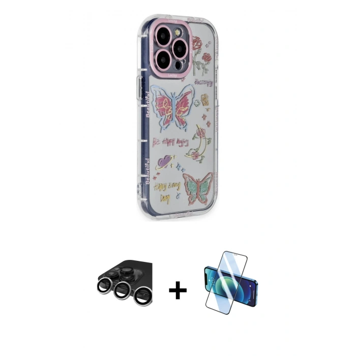 MARSİLYAN™- iPhone 15 Pro Max Kılıf Ahenk Modern Serisi - Siyah 3D Antistatik Seramik Nano Ekran Koruyucu + Raze Metal Kamera Lens - GS