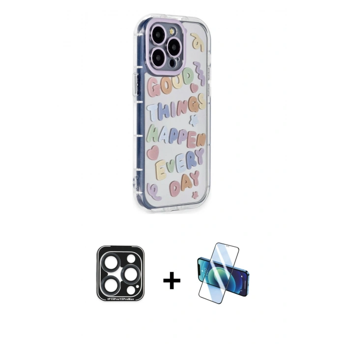 MARSİLYAN™- iPhone 15 Pro Max Kılıf Ahenk Modern Serisi - Siyah 3D Antistatik Seramik Nano Ekran Koruyucu + PVD Metal Kamera Lens - LT
