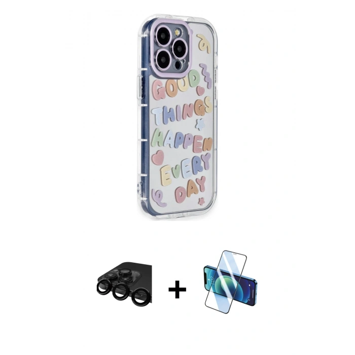 MARSİLYAN™- iPhone 15 Pro Max Kılıf Ahenk Modern Serisi - Siyah 3D Antistatik Seramik Nano Ekran Koruyucu + Raze Metal Kamera Lens - SH