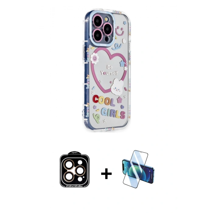 MARSİLYAN™- iPhone 15 Pro Max Kılıf Ahenk Modern Serisi - Siyah 3D Antistatik Seramik Nano Ekran Koruyucu + PVD Metal Kamera Lens - TU