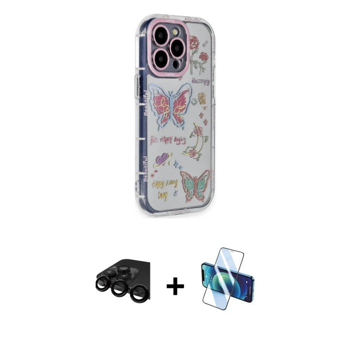 MARSİLYAN™- iPhone 15 Pro Max Kılıf Ahenk Modern Serisi - Siyah 3D Antistatik Seramik Nano Ekran Koruyucu + Siyah Raze Metal Kamera Lens