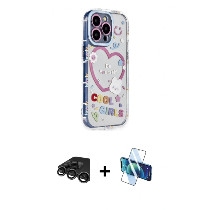 MARSİLYAN™- iPhone 15 Pro Max Kılıf Ahenk Modern Serisi - Siyah 3D Antistatik Seramik Nano Ekran Koruyucu + Raze Metal Kamera Lens - TMGI