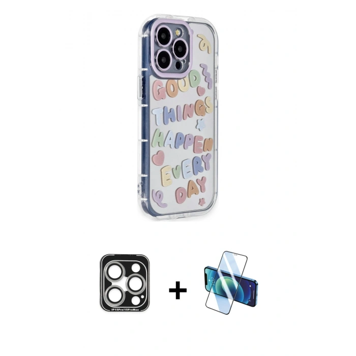 MARSİLYAN™- iPhone 15 Pro Max Kılıf Ahenk Modern Serisi - Siyah 3D Antistatik Seramik Nano Ekran Koruyucu + PVD Metal Kamera Lens - GS