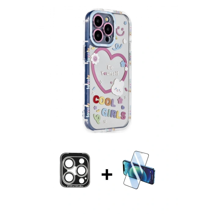MARSİLYAN™- iPhone 15 Pro Max Kılıf Ahenk Modern Serisi - Siyah 3D Antistatik Seramik Nano Ekran Koruyucu + PVD Metal Kamera Lens - GS