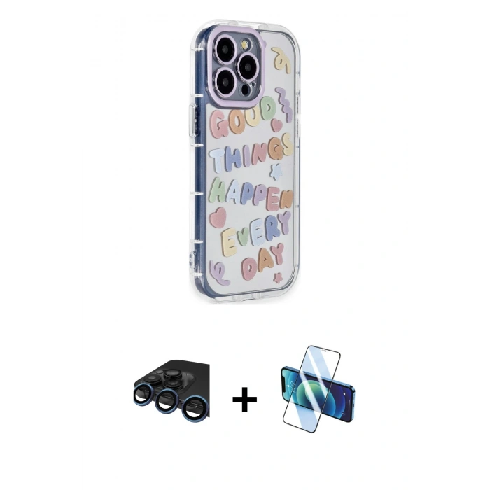 MARSİLYAN™- iPhone 15 Pro Max Kılıf Ahenk Modern Serisi - Siyah 3D Antistatik Seramik Nano Ekran Koruyucu + Raze Metal Kamera Lens - LT