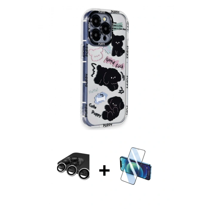 MARSİLYAN™- iPhone 15 Pro Max Kılıf Ahenk Modern Serisi - Siyah 3D Antistatik Seramik Nano Ekran Koruyucu + Raze Metal Kamera Lens - GS