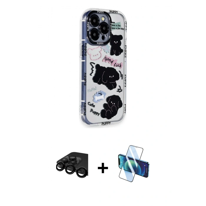 MARSİLYAN™- iPhone 15 Pro Max Kılıf Ahenk Modern Serisi - Siyah 3D Antistatik Seramik Nano Ekran Koruyucu + Siyah Raze Metal Kamera Lens