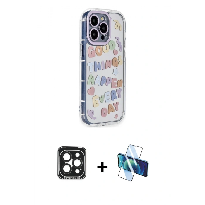 MARSİLYAN™- iPhone 15 Pro Max Kılıf Ahenk Modern Serisi - Siyah 3D Antistatik Seramik Nano Ekran Koruyucu + PVD Metal Kamera Lens - SH