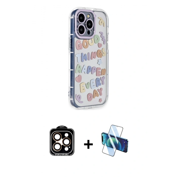 MARSİLYAN™- iPhone 15 Pro Max Kılıf Ahenk Modern Serisi - Siyah 3D Antistatik Seramik Nano Ekran Koruyucu + PVD Metal Kamera Lens - TU