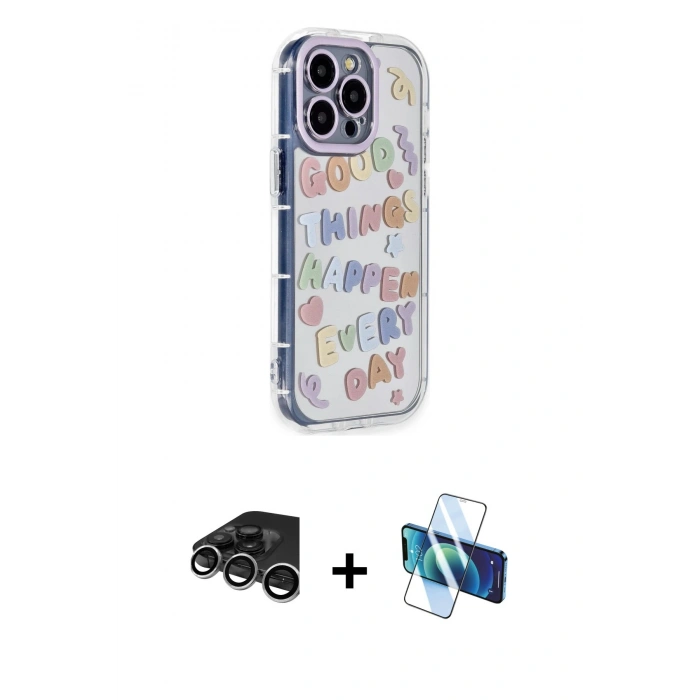 MARSİLYAN™- iPhone 15 Pro Max Kılıf Ahenk Modern Serisi - Siyah 3D Antistatik Seramik Nano Ekran Koruyucu + Raze Metal Kamera Lens - GS