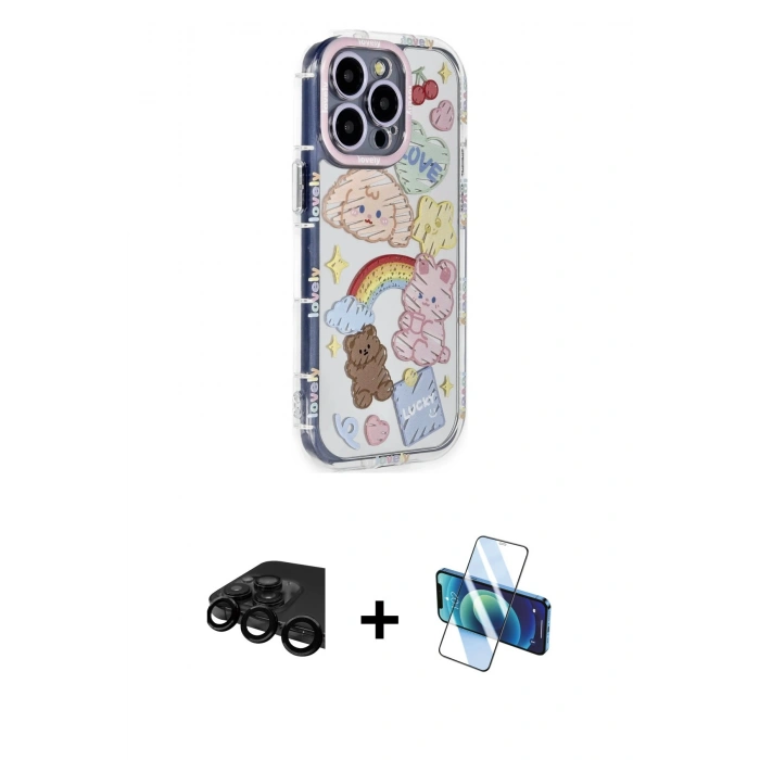 MARSİLYAN™- iPhone 15 Pro Max Kılıf Ahenk Modern Serisi - Siyah 3D Antistatik Seramik Nano Ekran Koruyucu + Raze Metal Kamera Lens - SH