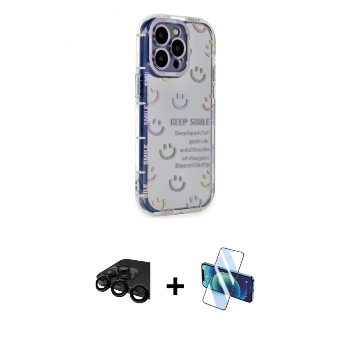 MARSİLYAN™- iPhone 15 Pro Max Kılıf Ahenk Modern Serisi - Siyah 3D Antistatik Seramik Nano Ekran Koruyucu + Raze Metal Kamera Lens - SH