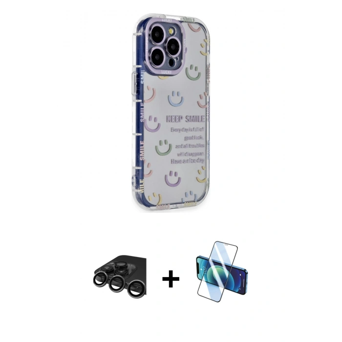 MARSİLYAN™- iPhone 15 Pro Max Kılıf Ahenk Modern Serisi - Siyah 3D Antistatik Seramik Nano Ekran Koruyucu + Raze Metal Kamera Lens - TMGI