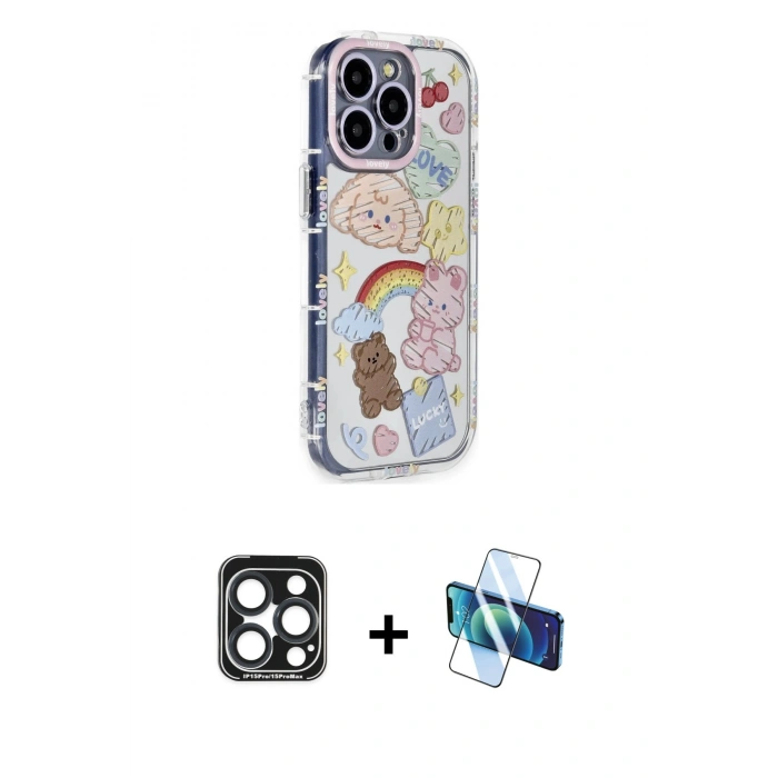MARSİLYAN™- iPhone 15 Pro Max Kılıf Ahenk Modern Serisi - Siyah 3D Antistatik Seramik Nano Ekran Koruyucu + PVD Metal Kamera Lens - LT
