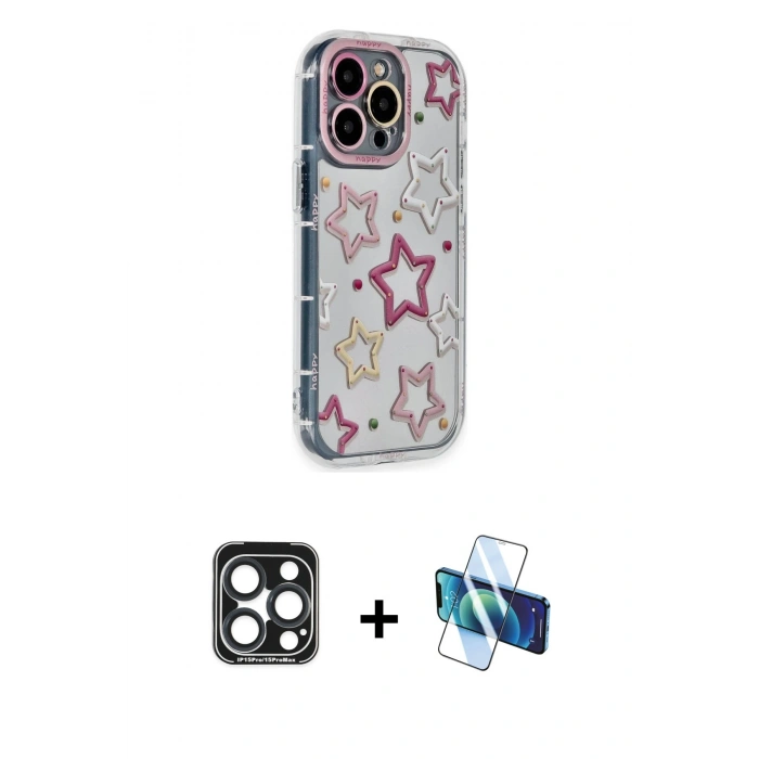 MARSİLYAN™- iPhone 15 Pro Max Kılıf Ahenk Modern Serisi - Siyah 3D Antistatik Seramik Nano Ekran Koruyucu + PVD Metal Kamera Lens - LT