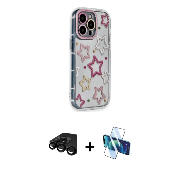 MARSİLYAN™- iPhone 15 Pro Max Kılıf Ahenk Modern Serisi - Siyah 3D Antistatik Seramik Nano Ekran Koruyucu + Siyah Raze Metal Kamera Lens