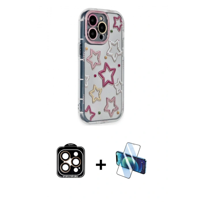 MARSİLYAN™- iPhone 15 Pro Max Kılıf Ahenk Modern Serisi - Siyah 3D Antistatik Seramik Nano Ekran Koruyucu + PVD Metal Kamera Lens - TU