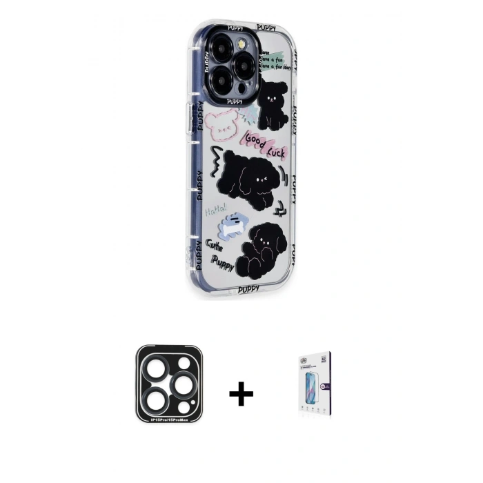 MARSİLYAN™- iPhone 15 Pro Max Kılıf Ahenk Modern Serisi - Siyah Bilvis 0.18mm Plus Cam Ekran Koruyucu + PVD Metal Kamera Lens - LT