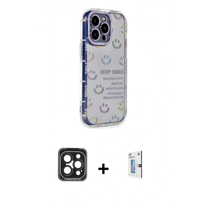 MARSİLYAN™- iPhone 15 Pro Max Kılıf Ahenk Modern Serisi - Siyah Bilvis 0.18mm Plus Cam Ekran Koruyucu + PVD Metal Kamera Lens - SH