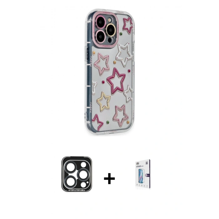 MARSİLYAN™- iPhone 15 Pro Max Kılıf Ahenk Modern Serisi - Siyah Bilvis 0.18mm Plus Cam Ekran Koruyucu + PVD Metal Kamera Lens - LT