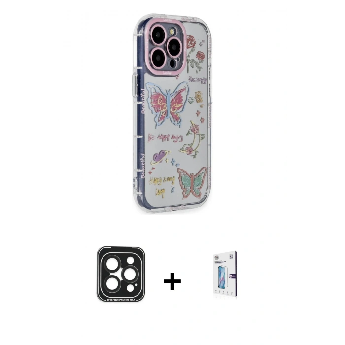 MARSİLYAN™- iPhone 15 Pro Max Kılıf Ahenk Modern Serisi - Siyah Bilvis 0.18mm Plus Cam Ekran Koruyucu + PVD Metal Kamera Lens - SH