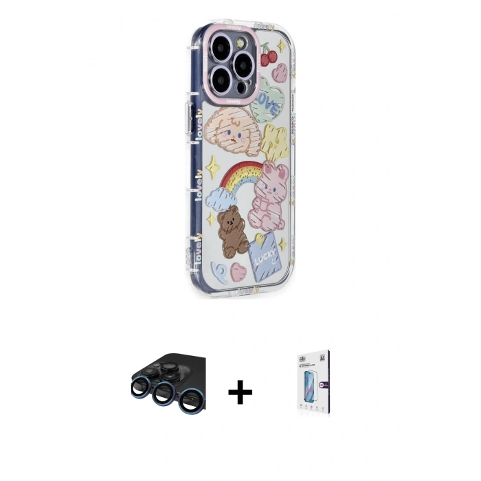 MARSİLYAN™- iPhone 15 Pro Max Kılıf Ahenk Modern Serisi - Siyah Bilvis 0.18mm Plus Cam Ekran Koruyucu + Raze Metal Kamera Lens - LT